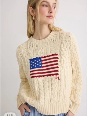 Polo Ralph Lauren Aran-Knit American Flag Cotton Sweater Cream Size S